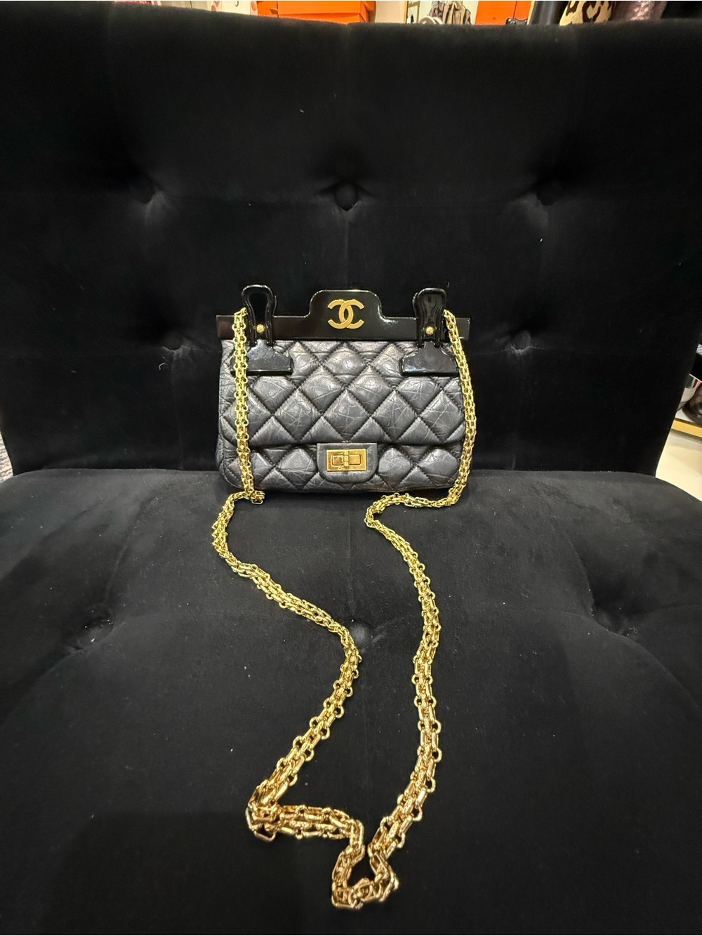 CHANEL Vintage Quilted Metallic Silver Shoulder Bag with Gold Chain